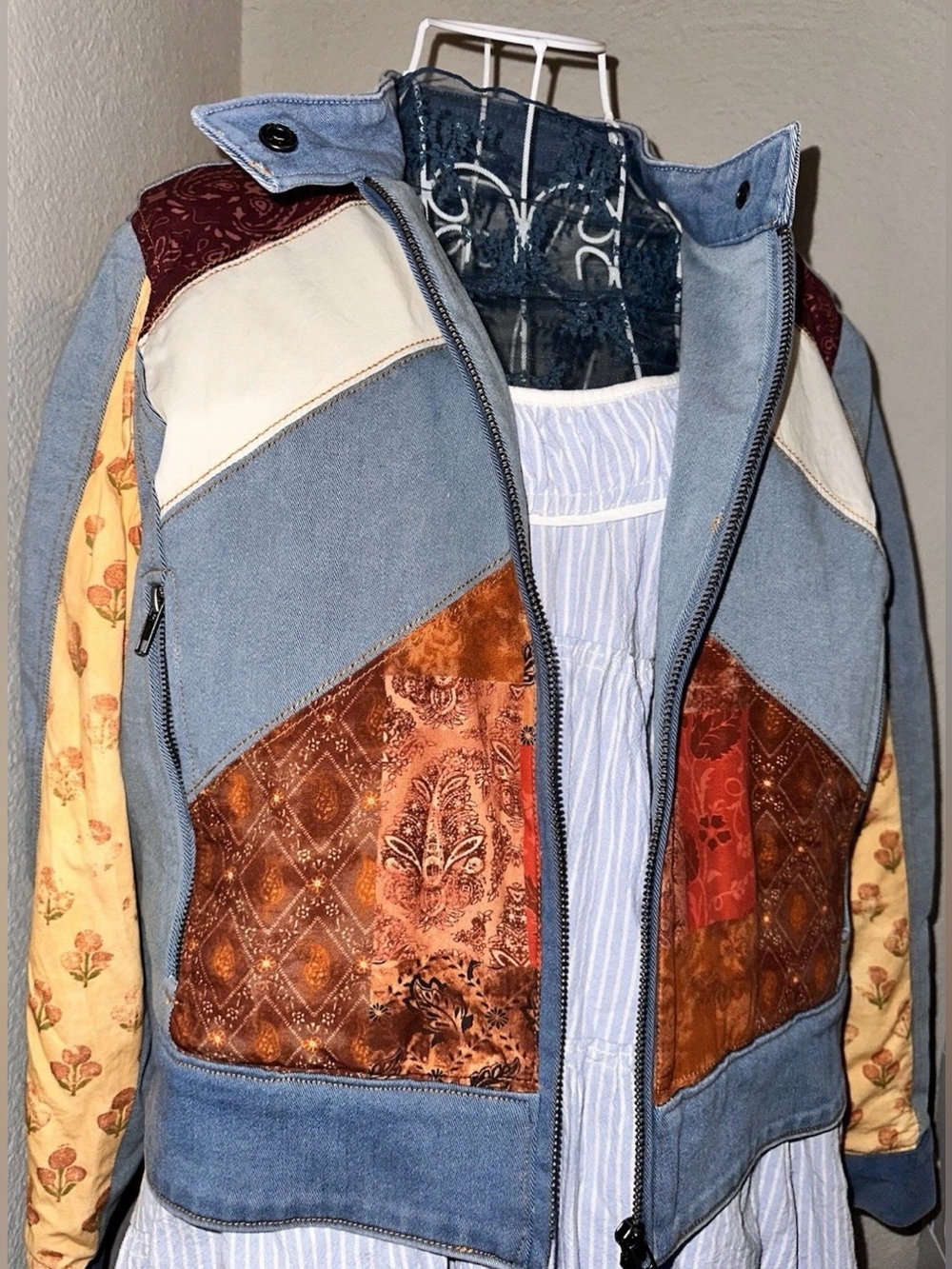 Free People Denim Sunset Patchwork Extravaganza Racer Moto Jacket ‼️RARE‼️ NWT - Picture 6 of 7